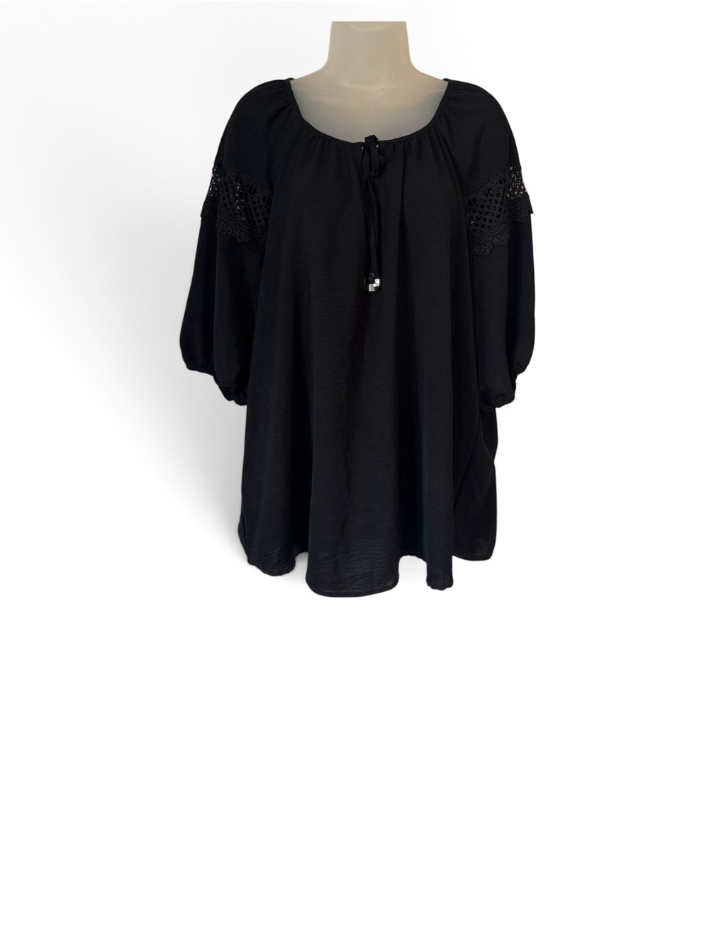 NWT Black Crochet/Lace Sleeve Trim Peasant Top w/Neckline Tie   LARGE/XLARGE  #5